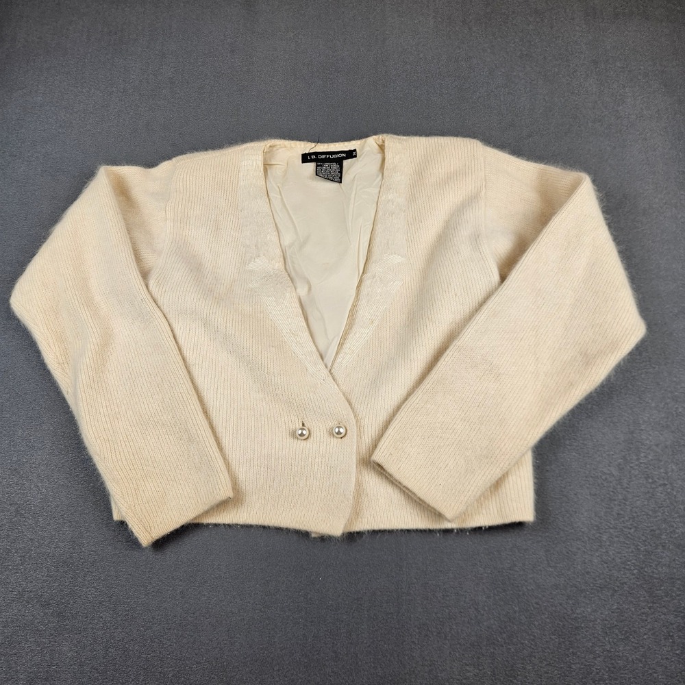I.B. Diffusion Vintage Angora Lambswool Beaded Pearl Button Cardigan Cream M
